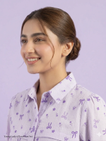 Young Lady’s Lavender Floral & Bow Print 2-Piece Button-Down Set - Image 2