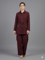 Women's Maroon Textured Co-ord Set - Long Sleeve Shirt & Cargo Wide-Leg Trouser Suit
