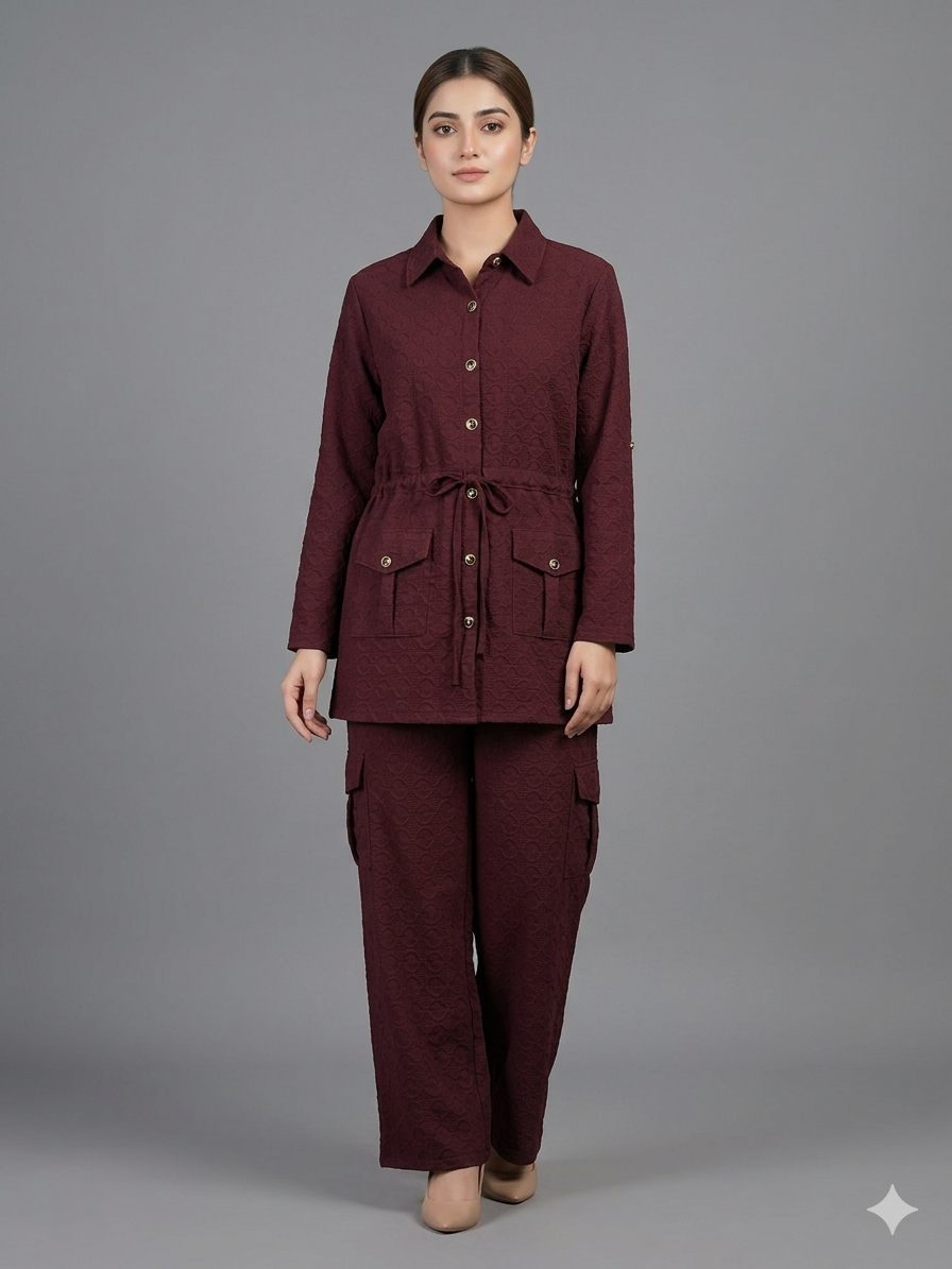 Women's Maroon Textured Co-ord Set - Long Sleeve Cargo Shirt & Wide-Leg Trouser Suit Women's Maroon Textured Co-ord Set - Long Sleeve Shirt & Cargo Wide-Leg Trouser Suit - Image 1