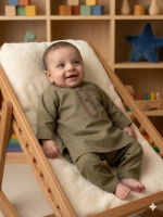 Infant Boys’ Olive Green Textured Kurta Set – Embroidered 2-Piece Ethnic Outfit