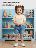 Toddler Girls' 2-Piece Summer Outfit Set – "Polaroid Love" Heart Graphic Tee & Lace-Trim Denim Shorts