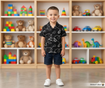 Boys’s Abstract Embroidered Cuban Collar Shirt – Minimalist Short Sleeve Resort Wear