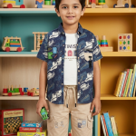 Boys' 3-Piece Summer Outfit Set - Navy Blue Graphic Button-Down Shirt, "Optimistic" Graphic Tee & Khaki Cargo Shorts