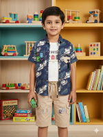 Boys' 3-Piece Summer Outfit Set - Navy Blue Graphic Button-Down Shirt, "Optimistic" Graphic Tee & Khaki Cargo Shorts