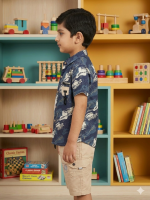 Boys' 3-Piece Summer Outfit Set - Navy Blue Graphic Button-Down Shirt, "Optimistic" Graphic Tee & Khaki Cargo Shorts - Image 3