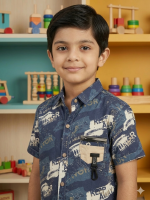 Boys' 3-Piece Summer Outfit Set - Navy Blue Graphic Button-Down Shirt, "Optimistic" Graphic Tee & Khaki Cargo Shorts - Image 2