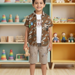 Boys' 3-Piece Summer Explorer Set – Tan Camo-Style Graphic Shirt, "Optimistic" Tee & Khaki Cargo Shorts