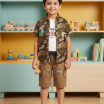 Boys' 3-Piece Urban Tactical Set – Olive Green Street-Print Shirt, "Optimistic" Graphic Tee & Dark Khaki Cargo Shorts