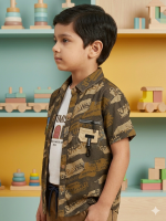 Boys' 3-Piece Urban Tactical Set – Olive Green Street-Print Shirt, "Optimistic" Graphic Tee & Dark Khaki Cargo Shorts - Image 3
