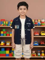Boys' 3-Piece Urban Utility Set - Navy Blue Ribbed Corduroy Shirt & Cream Cargo Shorts