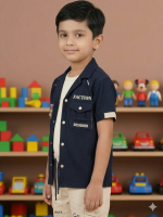 Boys' 3-Piece Urban Utility Set - Navy Blue Ribbed Corduroy Shirt & Cream Cargo Shorts - Image 2