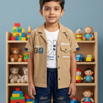 Boys' 3-Piece Utility Set - Tan Ribbed Corduroy Short Sleeve Shirt & Navy Cargo Shorts