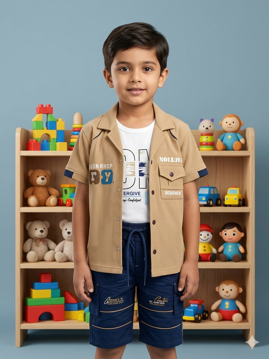 Boys' 3-Piece Utility Set - Tan Ribbed Corduroy Short Sleeve Shirt & Navy Cargo Shorts Boys' 3-Piece Utility Set - Tan Ribbed Corduroy Short Sleeve Shirt & Navy Cargo Shorts - Image 1