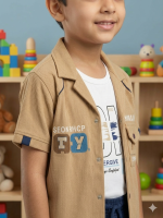Boys' 3-Piece Utility Set - Tan Ribbed Corduroy Short Sleeve Shirt & Navy Cargo Shorts - Image 3