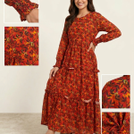 Autumn Leaf Print Tiered Maxi Dress with Smocked Cuffs