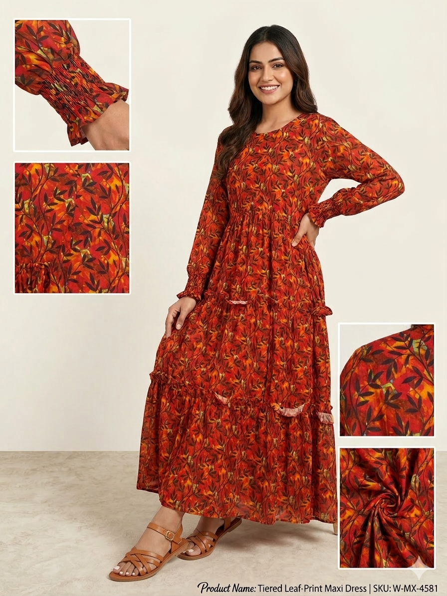 ladies maxi Autumn Leaf Print Tiered Maxi Dress with Smocked Cuffs - Image 1