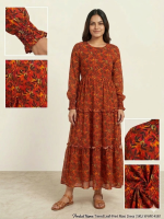 Autumn Leaf Print Tiered Maxi Dress with Smocked Cuffs - Image 3