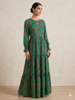 Emerald Floral Stripe Tiered Maxi Dress with Smocked Cuffs