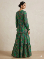 Emerald Floral Stripe Tiered Maxi Dress with Smocked Cuffs - Image 2