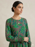 Emerald Floral Stripe Tiered Maxi Dress with Smocked Cuffs - Image 3