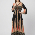 Bohemian Ethnic Print Maxi Dress – Geometric V-Neck Long Sleeve Kaftan with Smocked Waist & Tassel