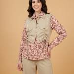 Women's 3-Piece Chic Utility Set - Printed Button-Down Shirt, Ruched Cargo Vest & Wide-Leg Trousers