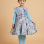 Girls Sky Blue Marble Print Shimmer Party Frock with Full Sleeve Inner & Tights – 3 Piece Set
