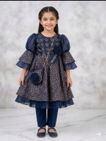 Girls' Navy Blue Floral Print Party Dress with Puff Sleeves & Matching Purse