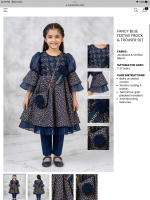 Girls' Navy Blue Floral Print Party Dress with Puff Sleeves & Matching Purse - Image 3