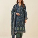 Deep Teal & Green Floral Embroidered 3-Piece Kurta Set