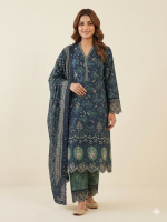 Deep Teal & Green Floral Embroidered 3-Piece Kurta Set