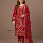 Classic Red Floral Embroidered 3-Piece Suit with Delicate Dupatta