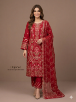 Classic Red Floral Embroidered 3-Piece Suit with Delicate Dupatta