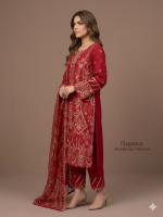 Classic Red Floral Embroidered 3-Piece Suit with Delicate Dupatta - Image 3