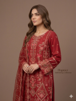 Classic Red Floral Embroidered 3-Piece Suit with Delicate Dupatta - Image 2