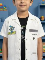 Boys 3-Piece Summer Explorer Set – White Robot Embroidered Shirt, Black Graphic Tank & Charcoal Cargo Shorts - Image 3