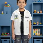 Boys 3-Piece Summer Explorer Set – White Robot Embroidered Shirt, Black Graphic Tank & Charcoal Cargo Shorts