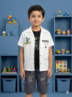 Boys 3-Piece Summer Explorer Set – White Robot Embroidered Shirt, Black Graphic Tank & Charcoal Cargo Shorts