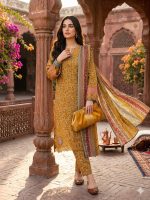 Mustard Gold Embroidered Floral Lawn 3-Piece Suit - [American Jeans Store] Festive Collection - Image 2