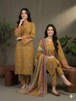 Mustard Gold Embroidered Floral Lawn 3-Piece Suit - [American Jeans Store] Festive Collection - Image 3