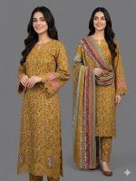 Mustard Gold Embroidered Floral Lawn 3-Piece Suit - [American Jeans Store] Festive Collection