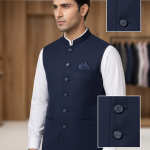 Premium Navy Blue Textured Waistcoat for Men – Slim Fit Ethnic Wear with Pocket Square