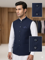 Premium Navy Blue Textured Waistcoat for Men – Slim Fit Ethnic Wear with Pocket Square
