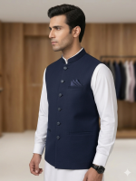 Premium Navy Blue Textured Waistcoat for Men – Slim Fit Ethnic Wear with Pocket Square - Image 2