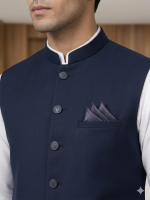 Premium Navy Blue Textured Waistcoat for Men – Slim Fit Ethnic Wear with Pocket Square - Image 3