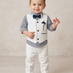Toddler Boy’s 4-Piece Formal Suit Set - White Vest & Navy Striped Shirt