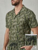 Men's 2-Piece Summer Co-ord Set – Olive Geometric Print Button-Down Shirt & Drawstring Shorts - Image 2