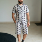 Men's Geometric Diamond Print Co-ord Set – Short Sleeve Cuban Collar Shirt & Shorts