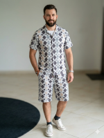 Men's Geometric Diamond Print Co-ord Set – Short Sleeve Cuban Collar Shirt & Shorts