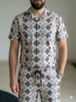 Men's Geometric Diamond Print Co-ord Set – Short Sleeve Cuban Collar Shirt & Shorts - Image 3